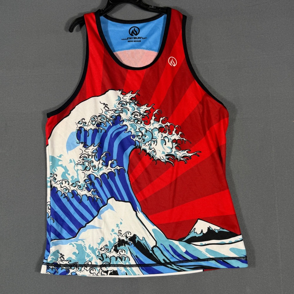 InkNBurn Tank Top Mens Medium Red Great Wave Running Singlet Performance Mesh